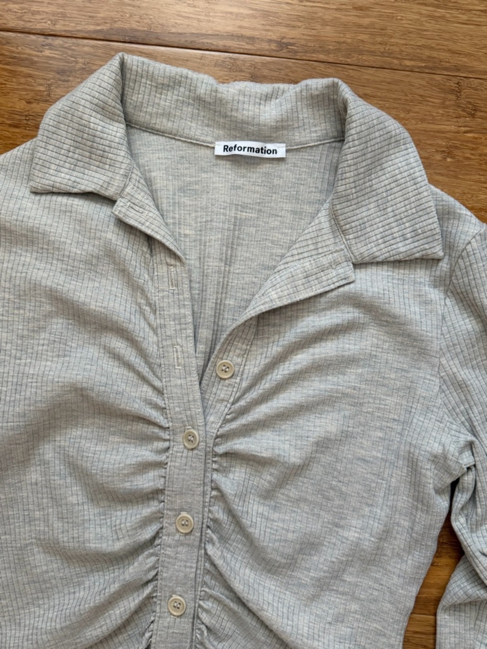 Reformation Light Gray Ribbed Ruched Button-Up Long Sleeve Top - Picture 2 of 6